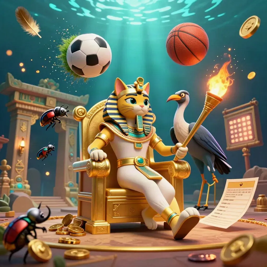 Pharaoh cat, ibis scribe and gem scarabs amid flying balls and casino glow.