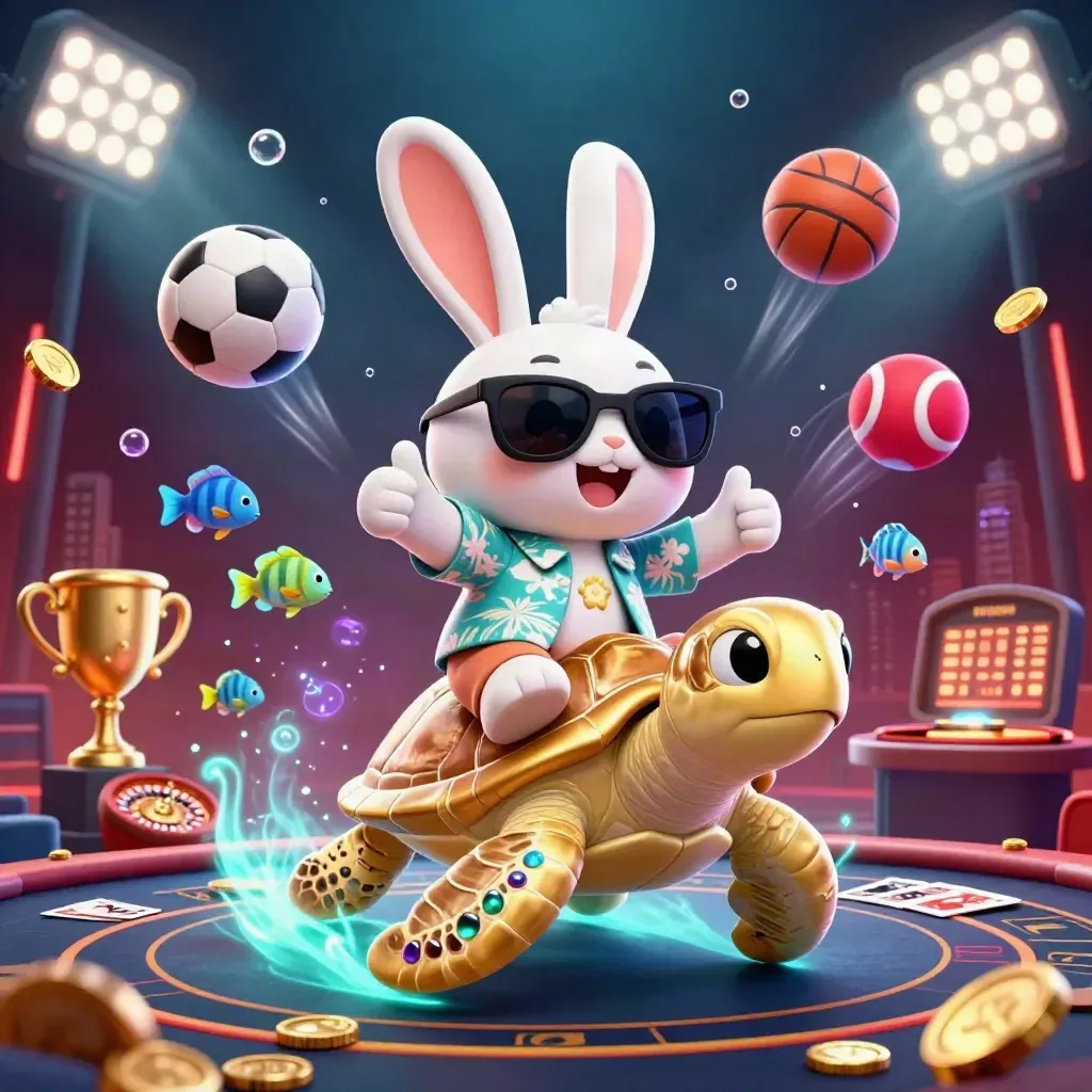 Cartoon rabbit on a golden sea turtle amid casino lights, coins, roulette, cards and sports balls.