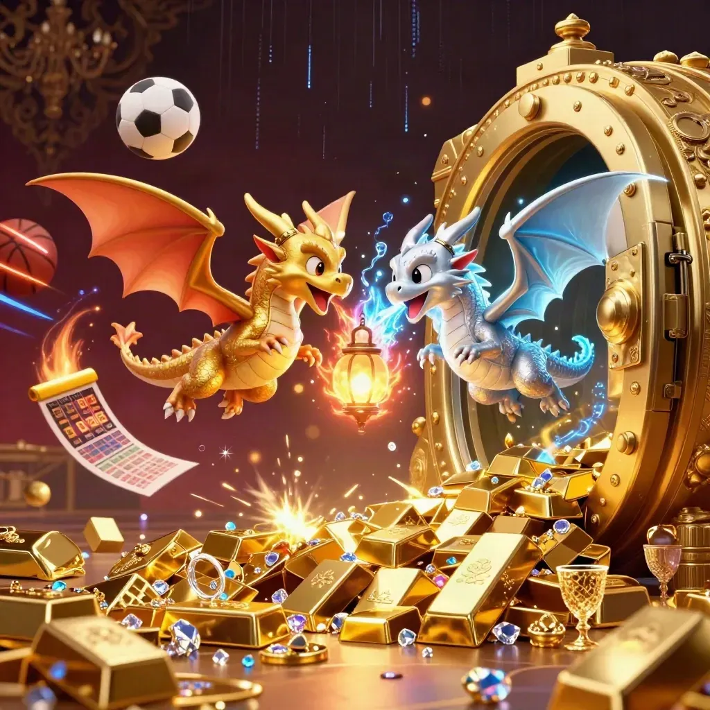Gold and silver dragons clash in a neon casino blast with vault, gems, balls, and glowing light.