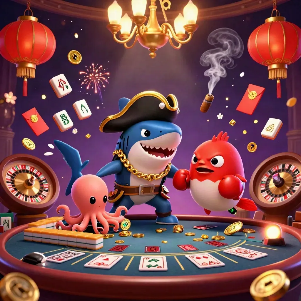 Pirate shark, red pufferfish and baby octopus amid casino glow, coins, lanterns and starry neon.