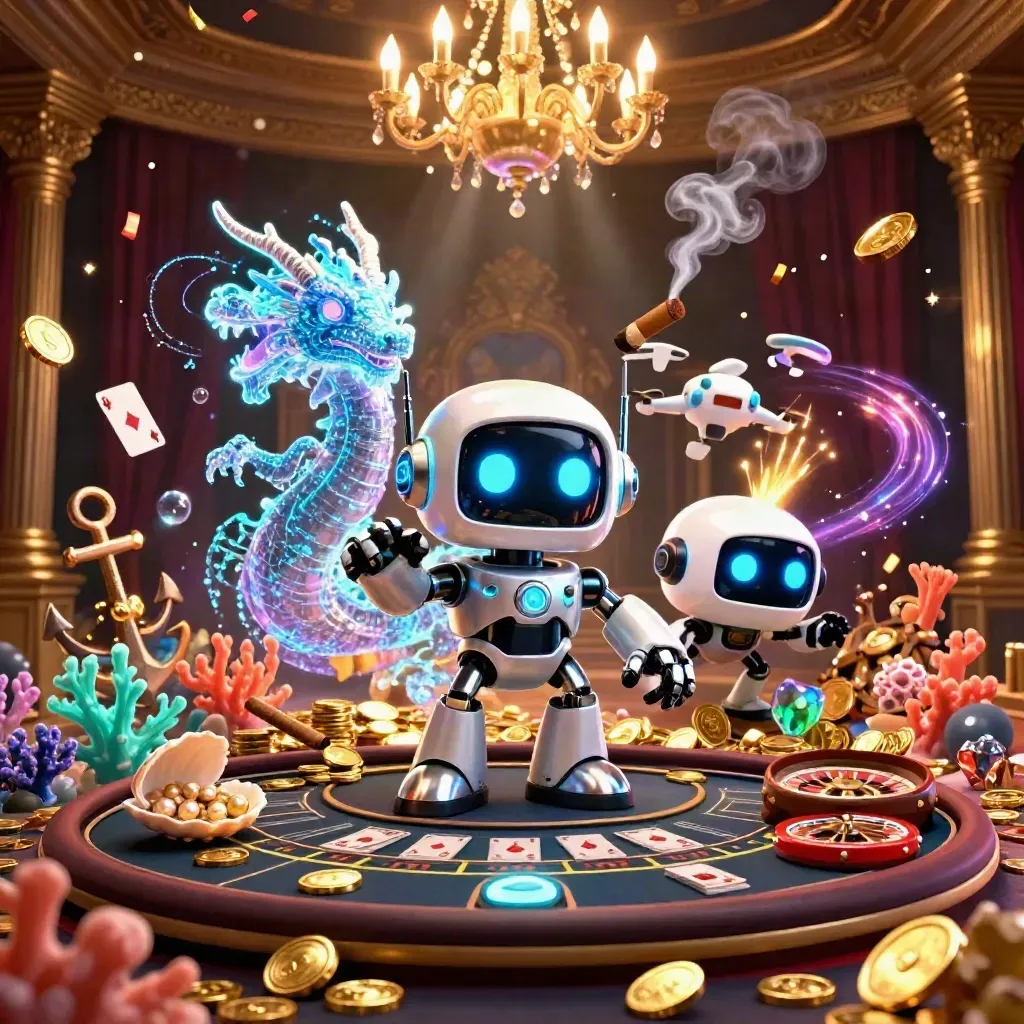 Cyberpunk robot, holographic dragon and coin drone in a luxe casino treasure cove under chandeliers