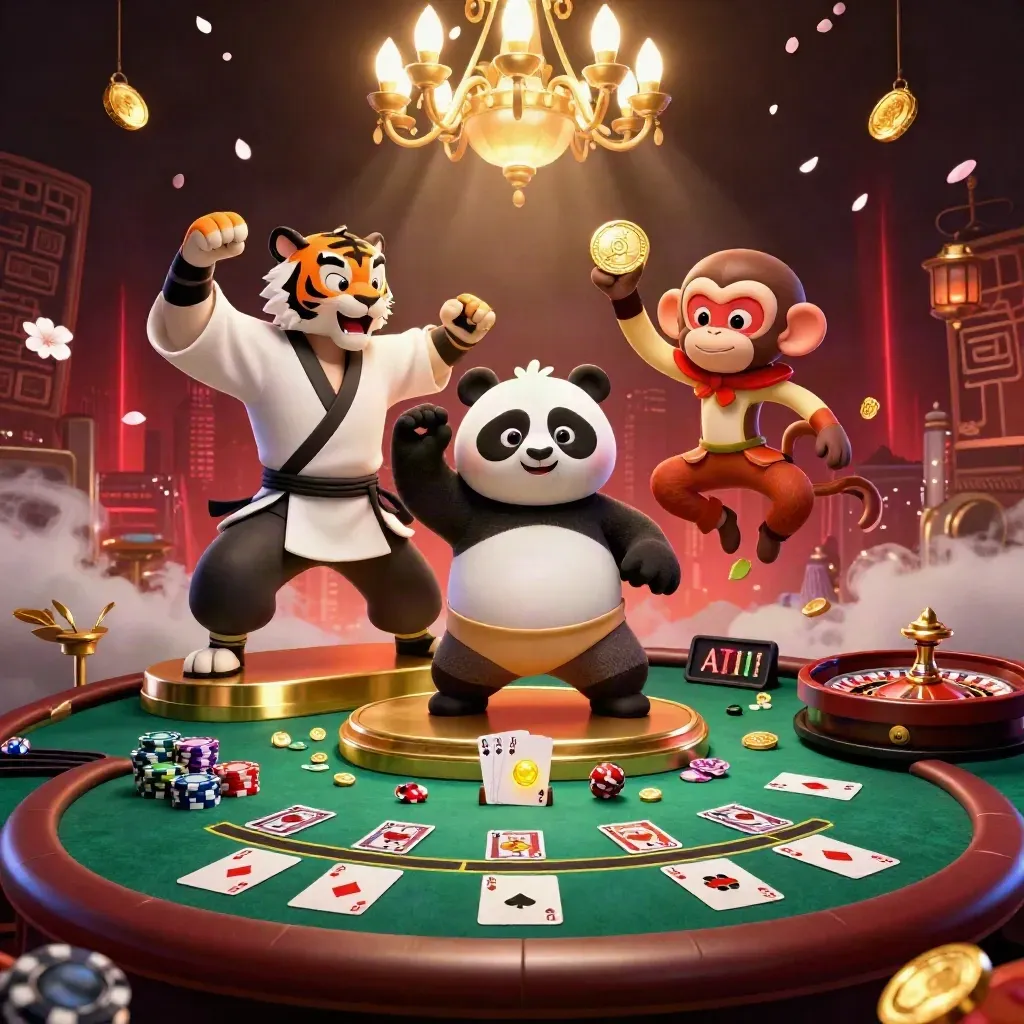 Tiger, panda, and monkey casino heroes amid glowing cards, chips, roulette, petals, and brass