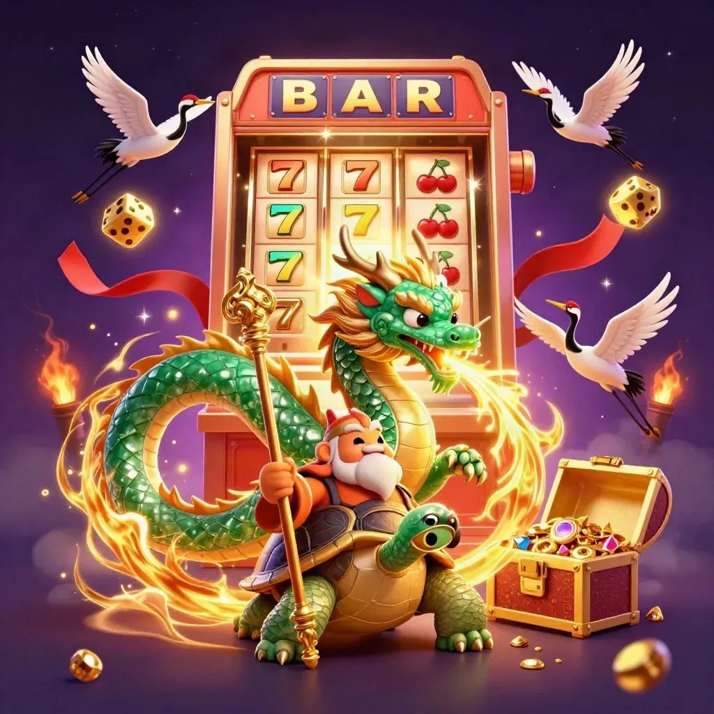 Jade dragon, turtle sage, and cranes amid jackpot bursts, gold, dice, and glowing casino magic.