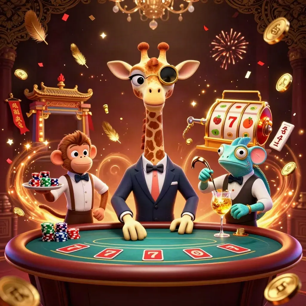 Giraffe high roller, monkey valet, and chameleon bartender amid casino gold, sparks, and luxury decor