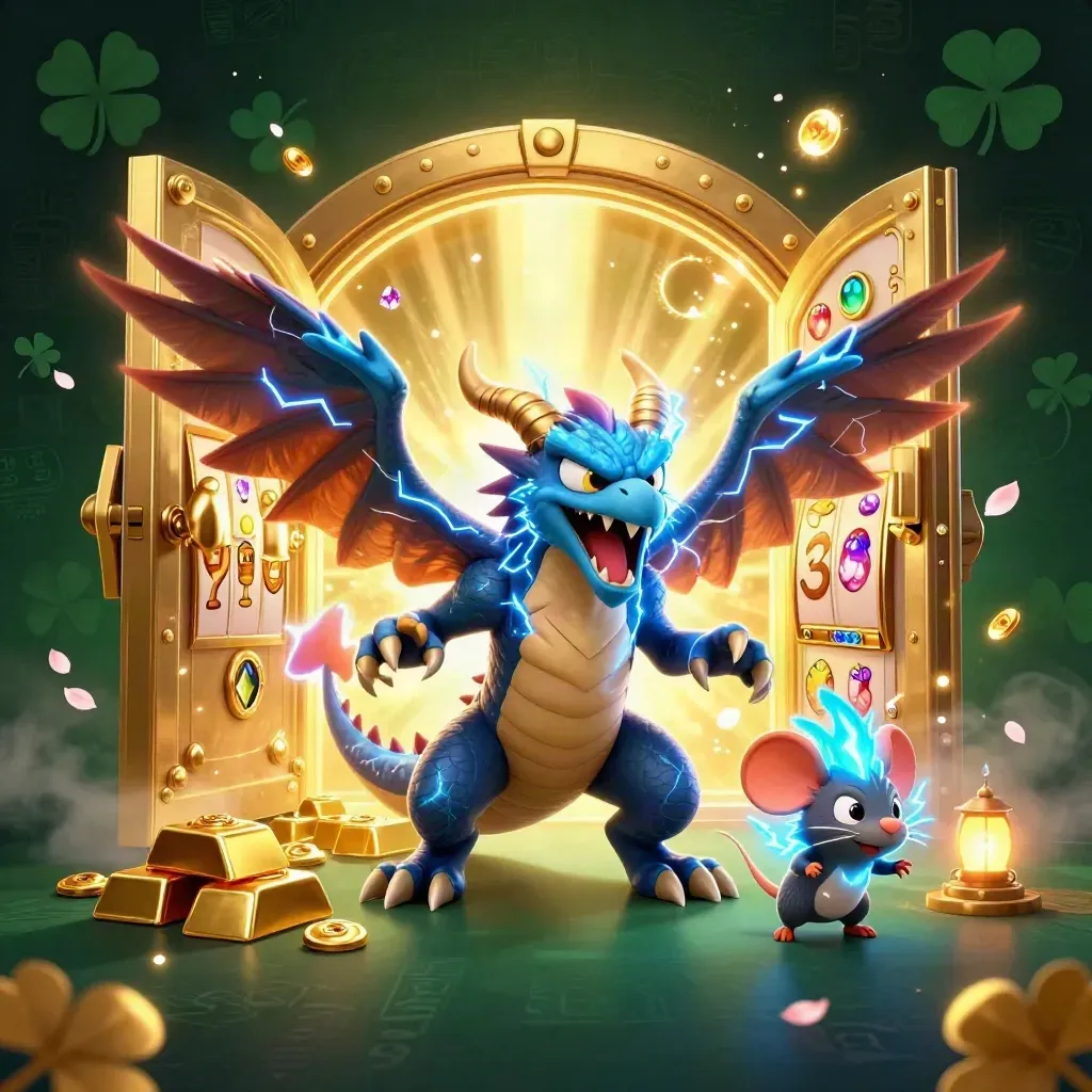 Thunder dragon, glowing hawk and static mouse burst from a gold vault with gems and neon casino effects.