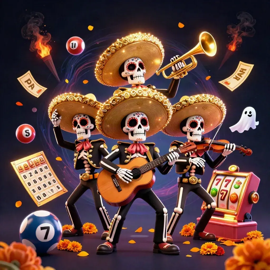 Skeleton mariachi trio amid gold jackpots, bingo cards, and spinning prizes in a solar glow.