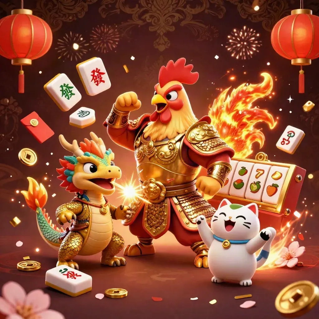 Rooster warrior, dragon hatchling, and fortune-cat explode in golden casino fire and jade coins.