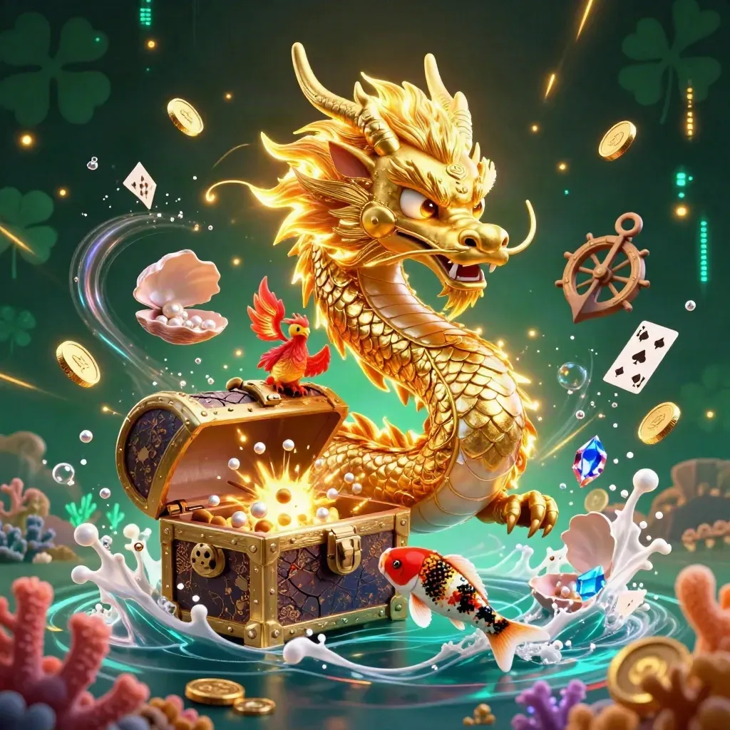 Golden dragon with red phoenix and koi bursts from treasure cove amid coins, coral and neon glow.