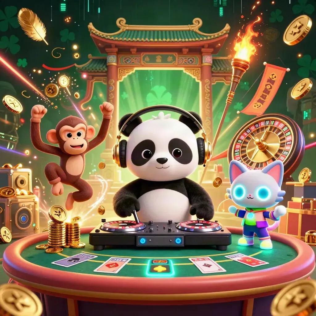 DJ panda, dancing monkey, and glow-stick kitten amid coins, fireworks, and casino treasure