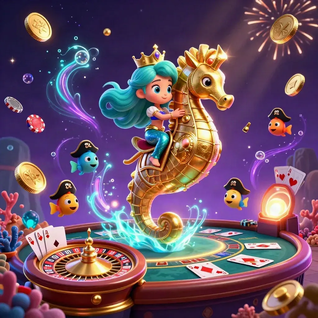 Mermaid princess on a golden seahorse amid coins, cards, chips and a spinning roulette wheel.