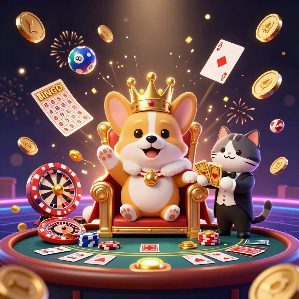 Royal corgi and cat butler amid coins, fireworks, lottery balls, cards, and a spinning prize wheel.