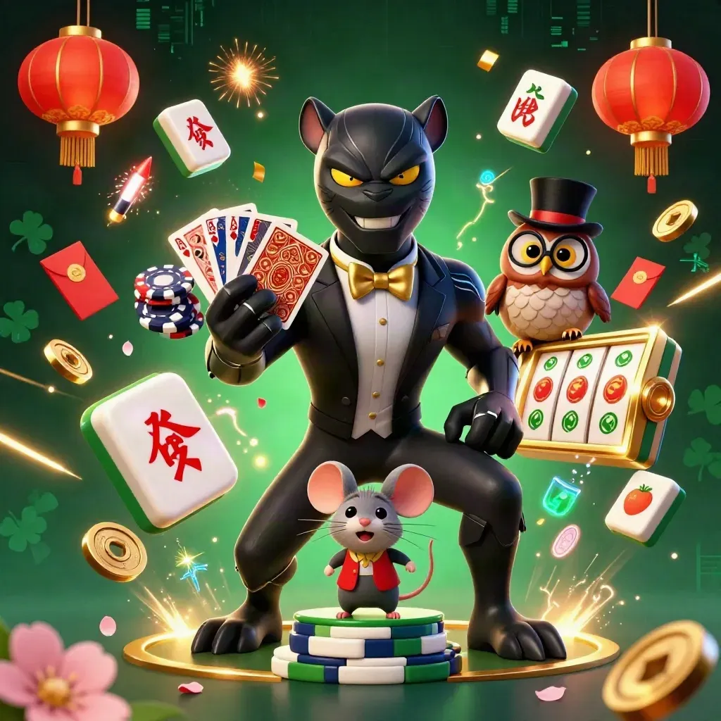 Panther dealer, owl with chips, and lucky mouse amid casino symbols and solar glow