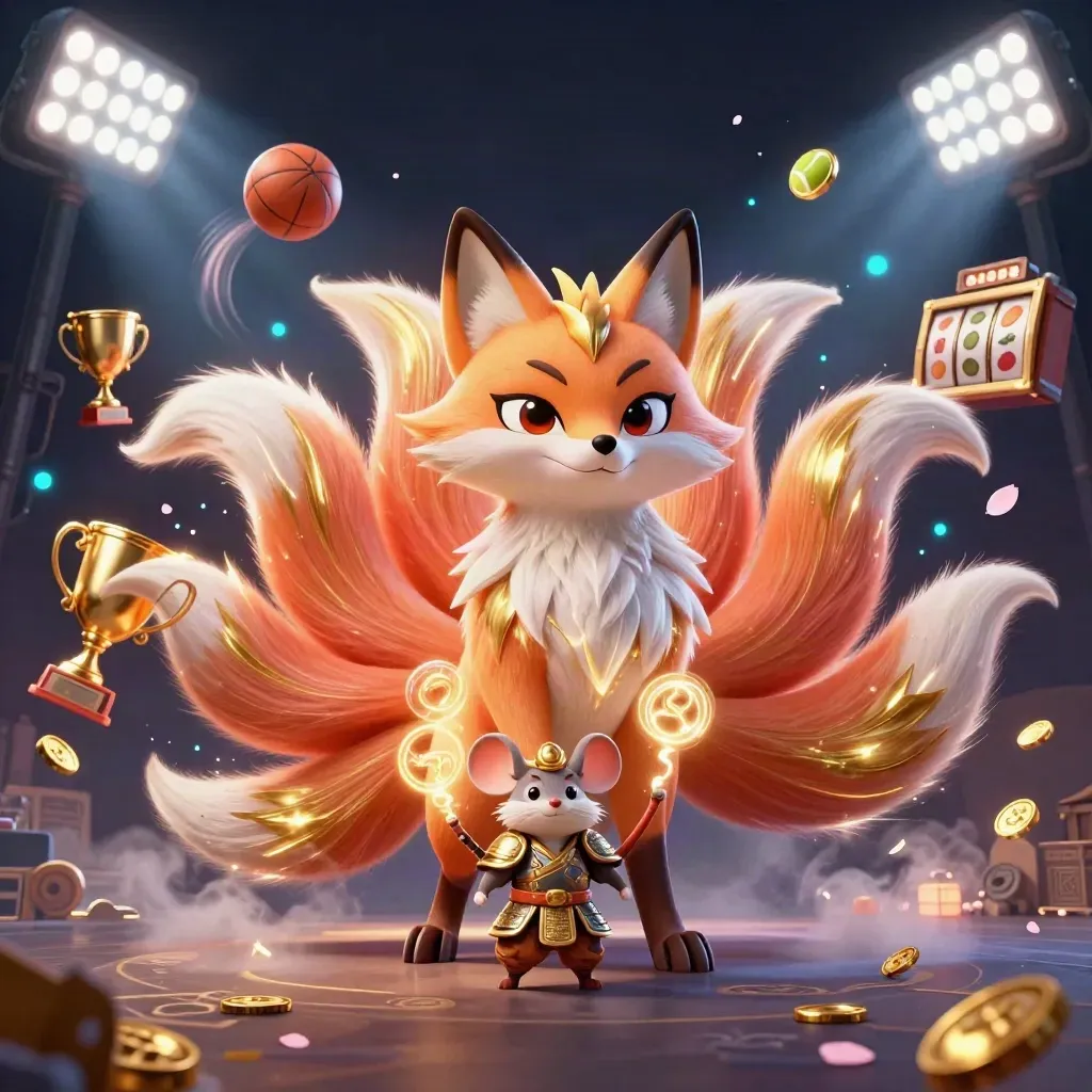 Coral nine-tailed fox spirit and samurai mouse amid casino symbols, gold coins and solar glow