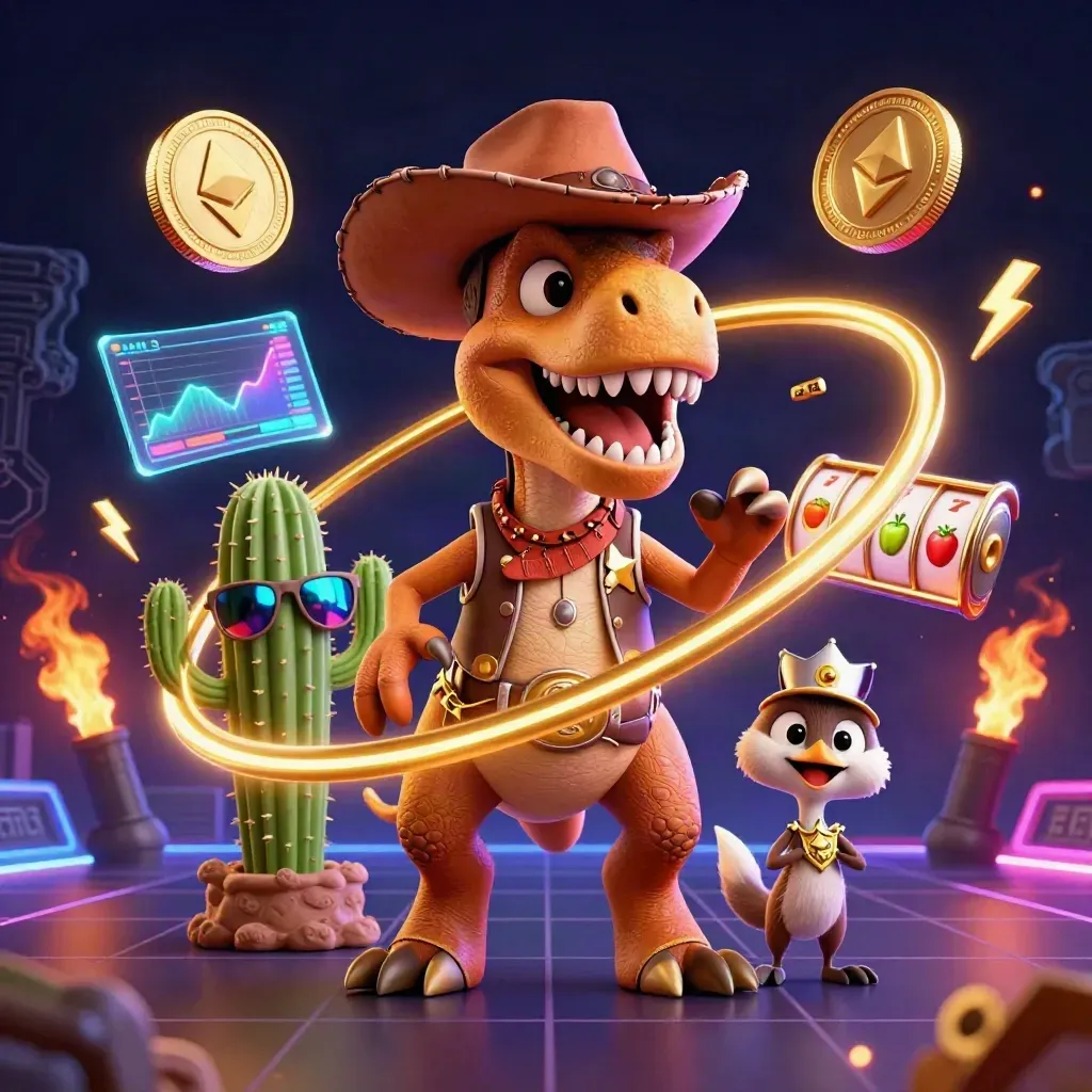 Cowboy T-Rex, cactus sidekick, and sheriff roadrunner amid casino coins and neon lightning.