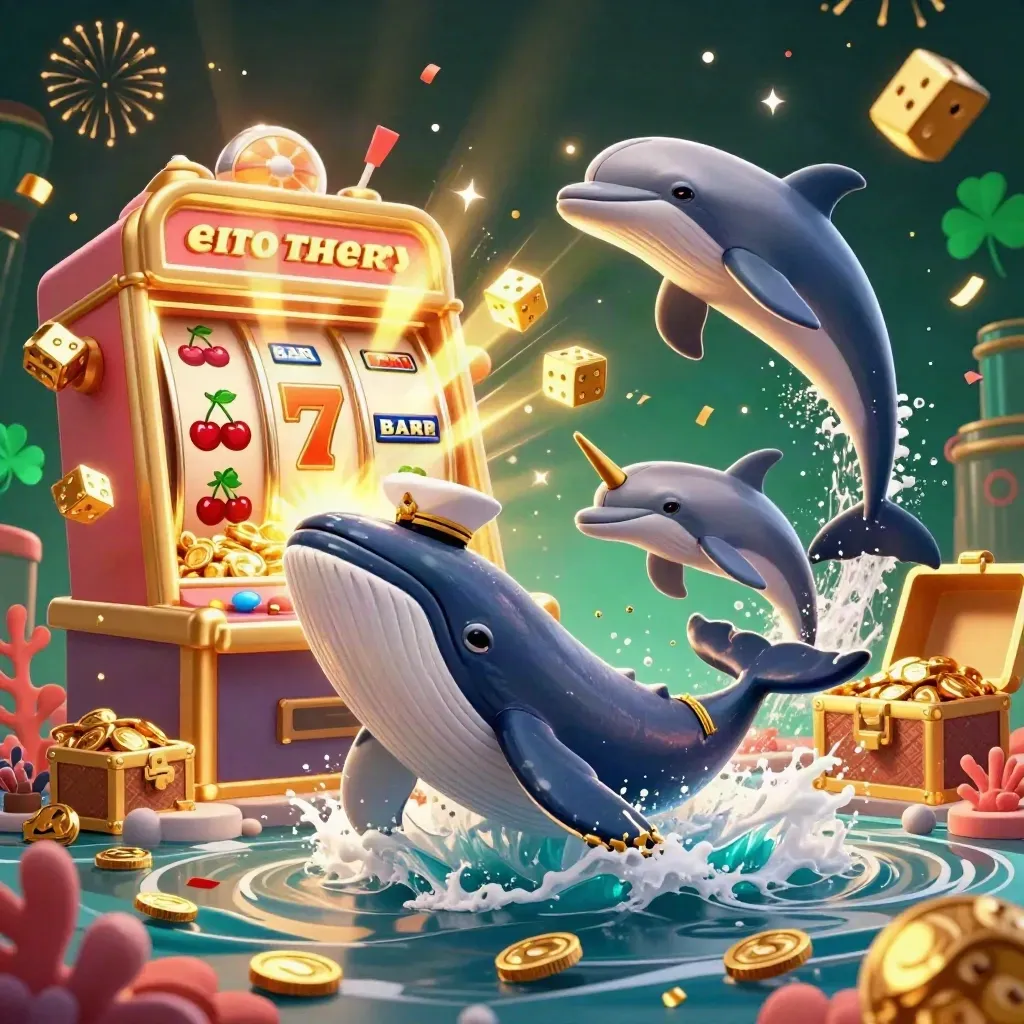 Whale captain, narwhal and dolphins amid coins, slot burst, gold, confetti, dark casino glow