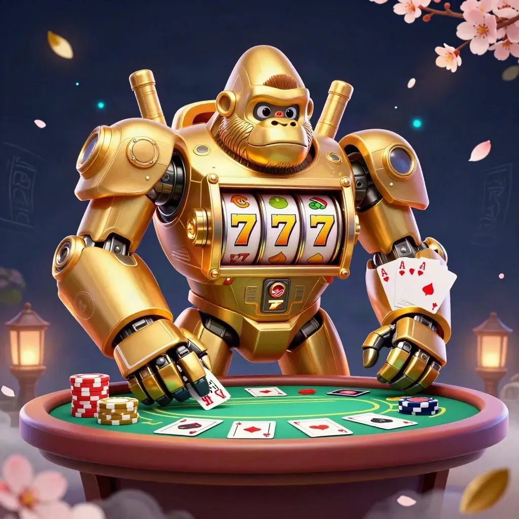 Golden gorilla slot-mech with monkey pilot, poker chips, cards, and neon solar casino glow.