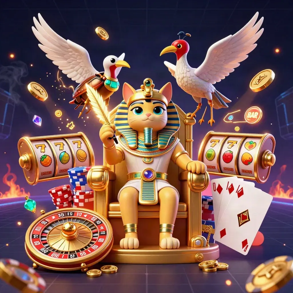 Pharaoh cat, ibis scribe, and scarab beetles amid casino coins, cards, chips, and a roulette wheel.