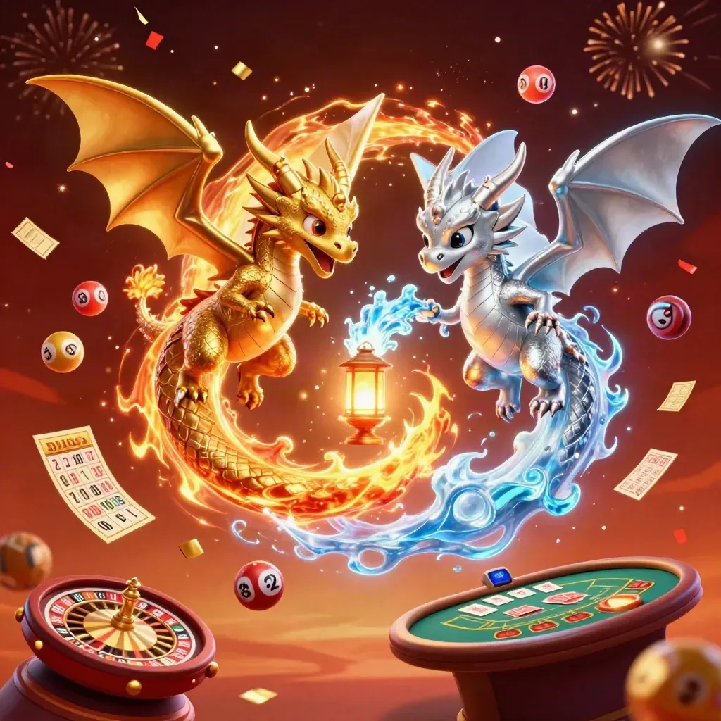Gold and silver dragons spiral around a lantern with casino rewards and fiery neon glow.