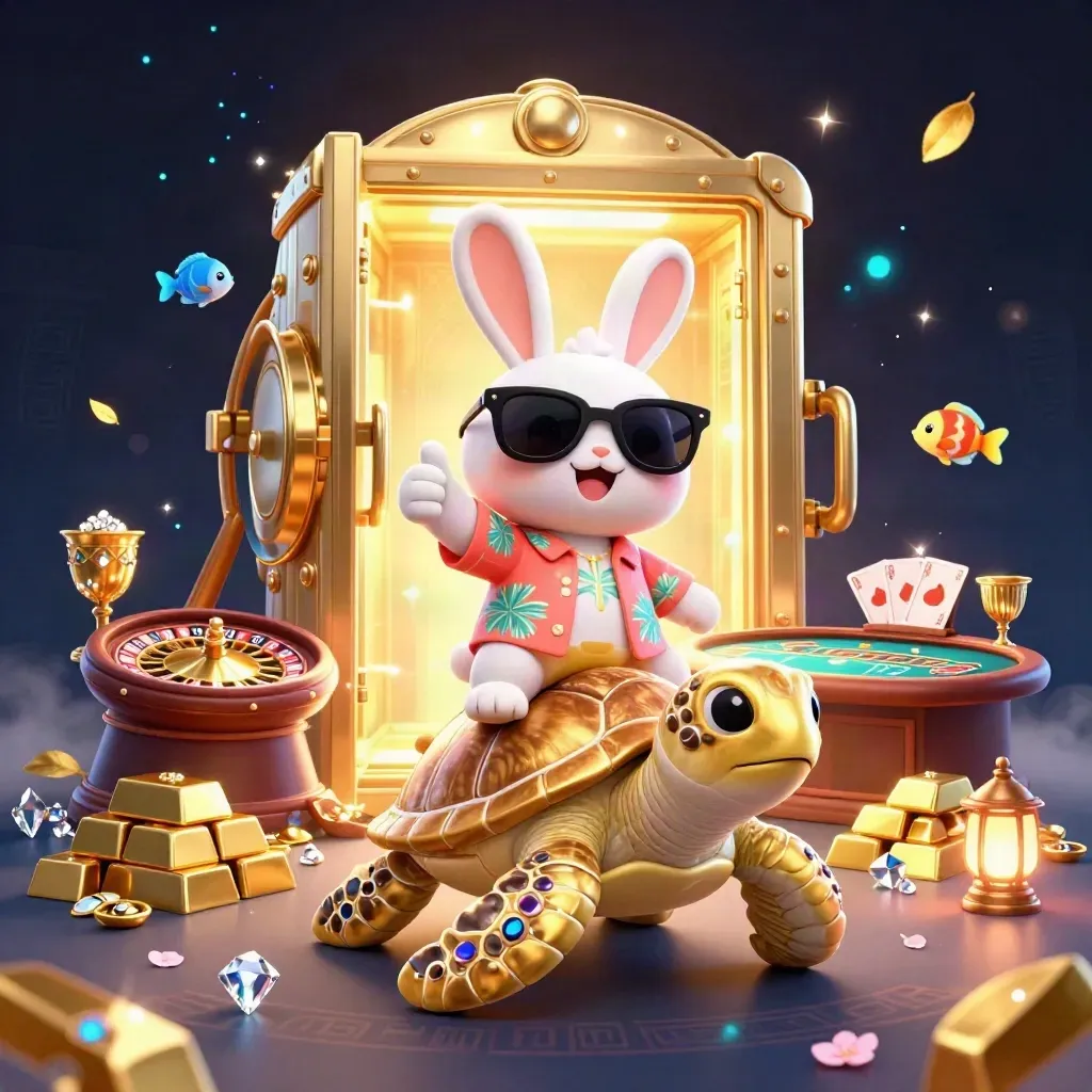 Lucky rabbit rides a gold sea turtle amid casino treasure, glowing runes, and spinning cards.