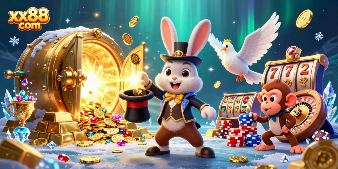 Experience the excitement at xx88 com with the magician pulling golden coins amidst a vibrant casino scene.