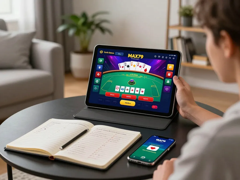 Player engaging with the MAX79 online casino platform on a tablet in a cozy home setting.