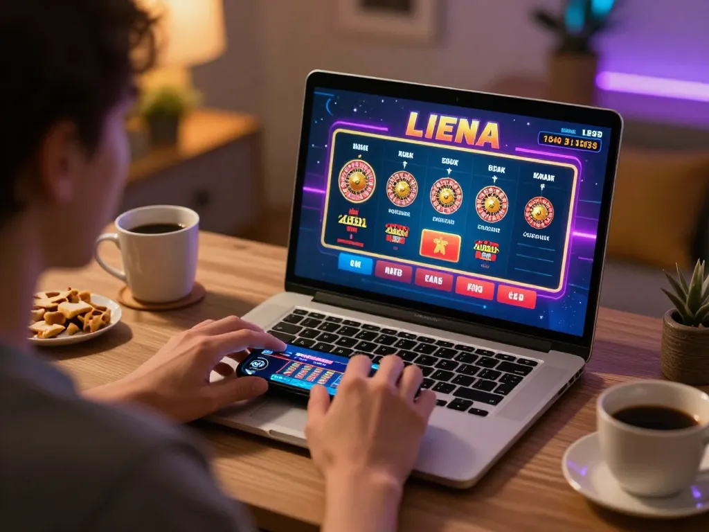Engaging in online casino gameplay with okfun platform on laptop and smartphone, showcasing vibrant game interface