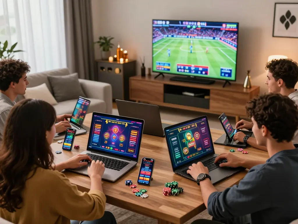 Exciting TR88 online casino gaming night with friends, vibrant screens, and relaxed atmosphere.