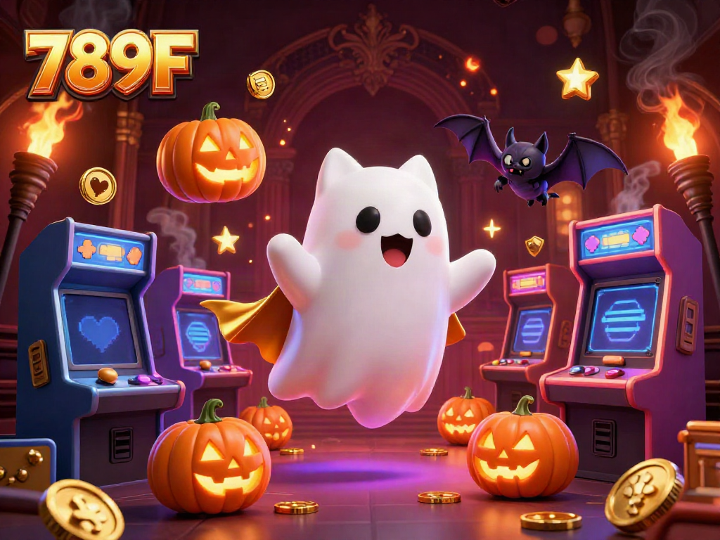 Experience thrilling gaming with 789F's ghost cat and bat in a vibrant haunted casino.