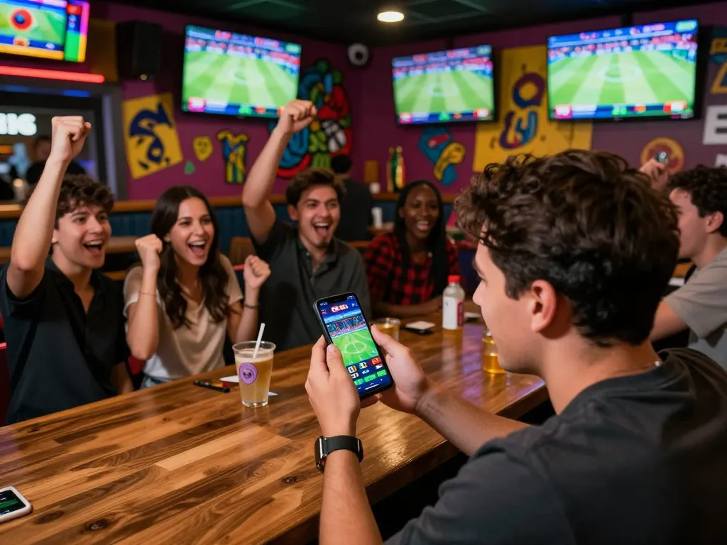 Excited sports betting enthusiast using the mobile 789bet ac app in a lively bar atmosphere