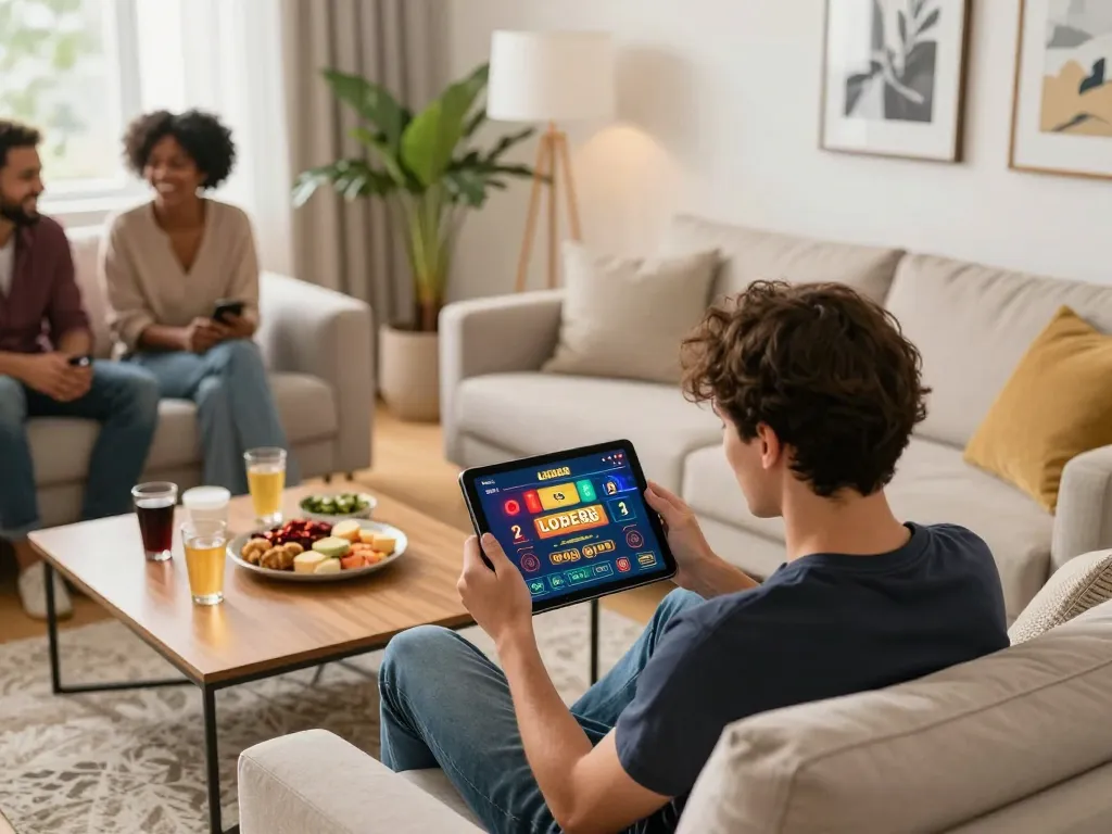 Player enjoying online LODE88 casino game on tablet in a cozy living room setting.
