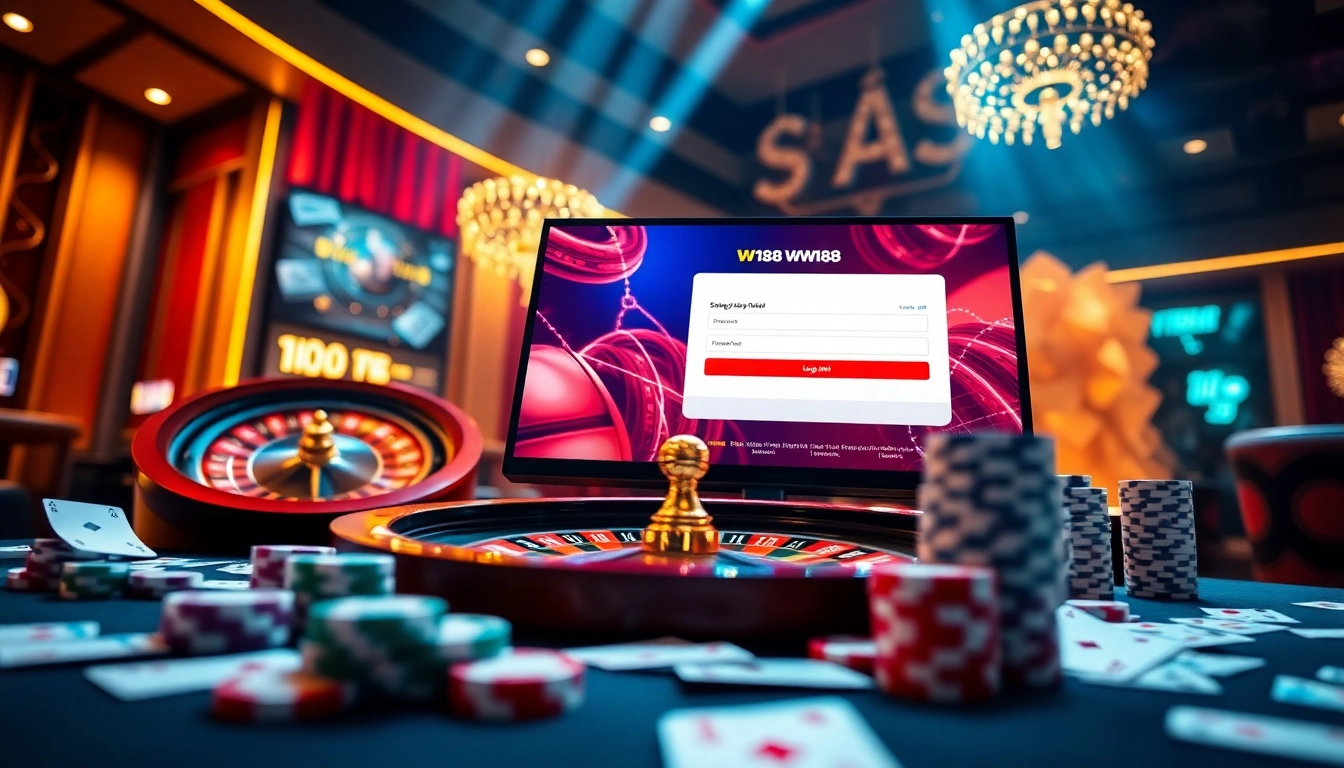 Login to W188 platform showcasing excitement with casino elements like roulette and poker chips.