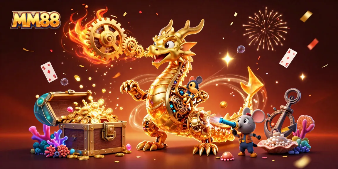 Experience the thrill of MM88 with a vibrant 3D illustration filled with casino elements.