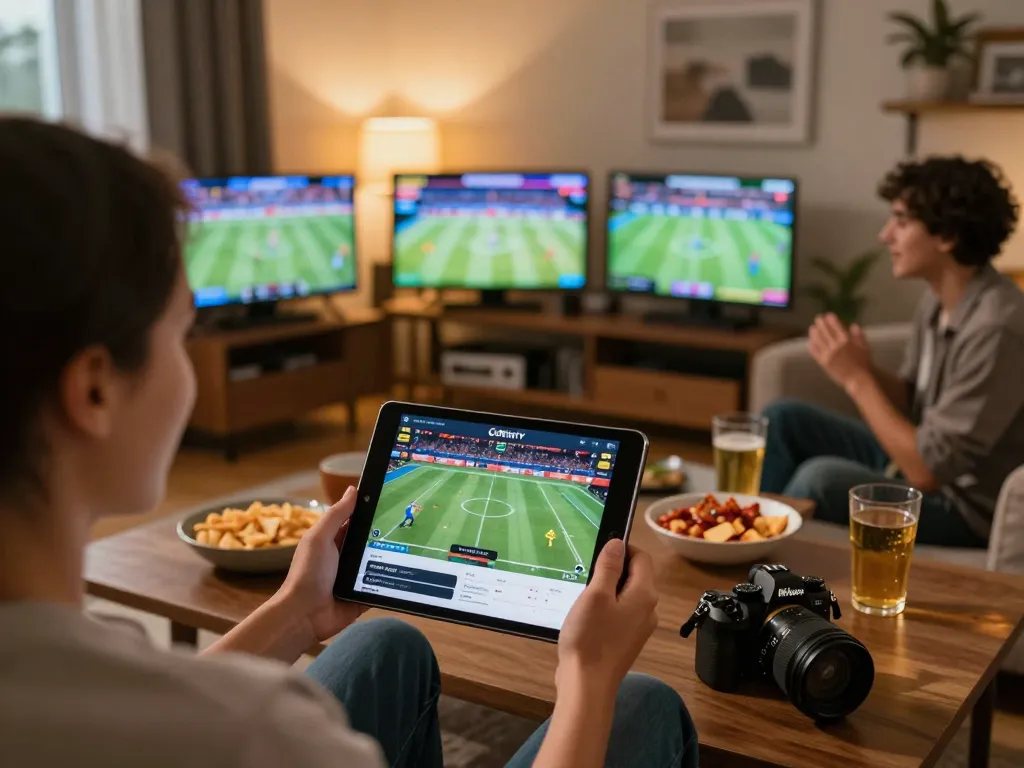 CakhiaTV user engaging with live sports betting on a tablet in a cozy home setting.