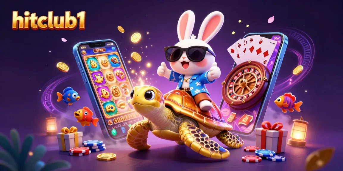 Hitclub1 showcases a whimsical casino scene featuring a lucky rabbit and golden turtle amidst colorful slot games.