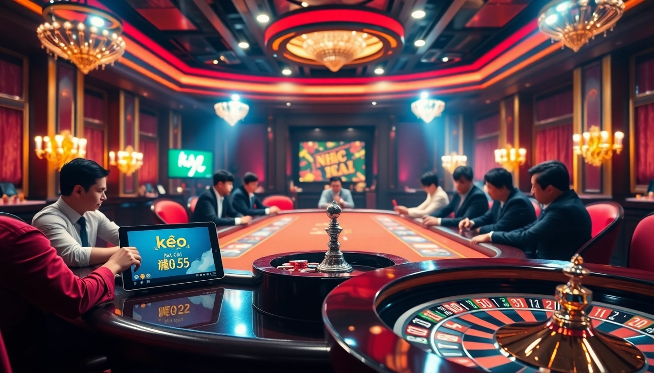 Experience the thrill of keo nha cai 5 at a luxurious poker table with vibrant casino elements.