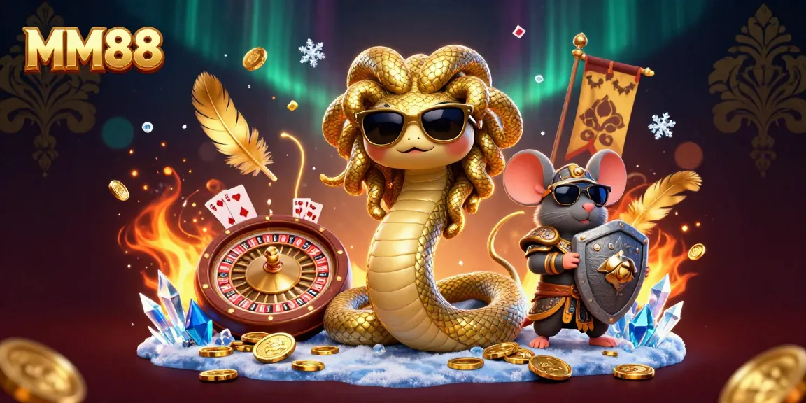 Experience the exciting world of MM88 in a vibrant casino scene featuring Medusa and a warrior mouse.