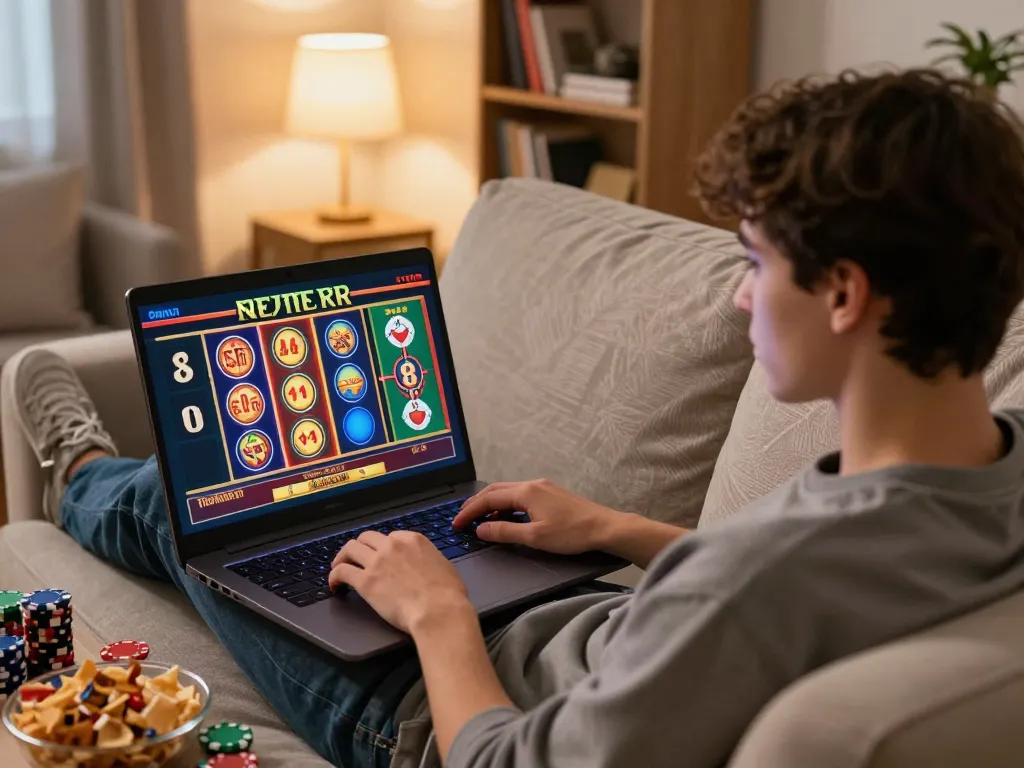 uu88 player engaging in online slots from a comfortable home environment.