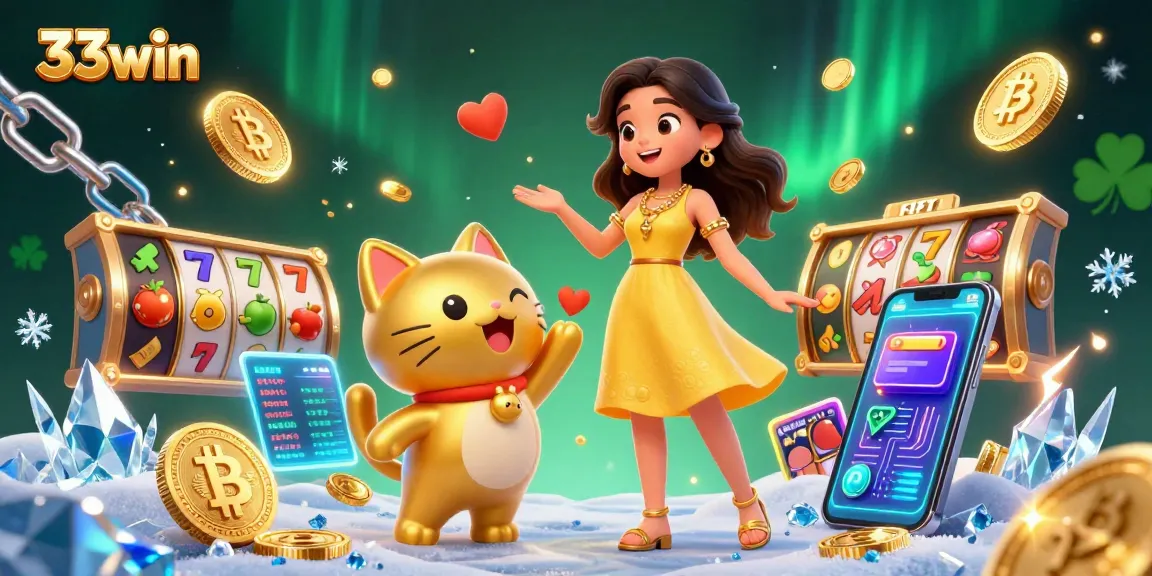 Exciting 33win casino illustration with a beautiful Asian woman and a lucky cat surrounded by vibrant game elements.
