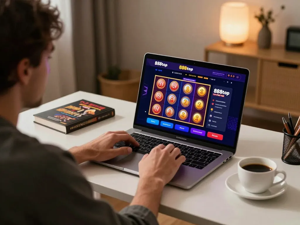 Player enjoying 888top com online casino while exploring vibrant slot games on a laptop