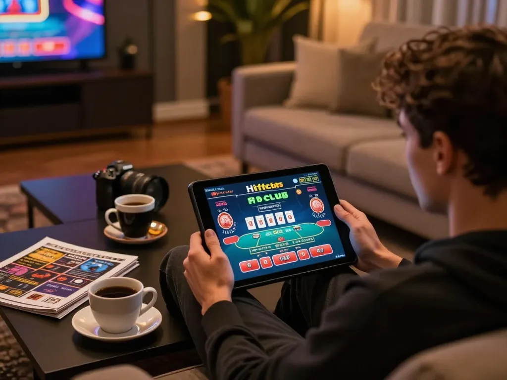 Engaging online gaming at home with Hitclub app on a tablet, showcasing comfortable atmosphere.