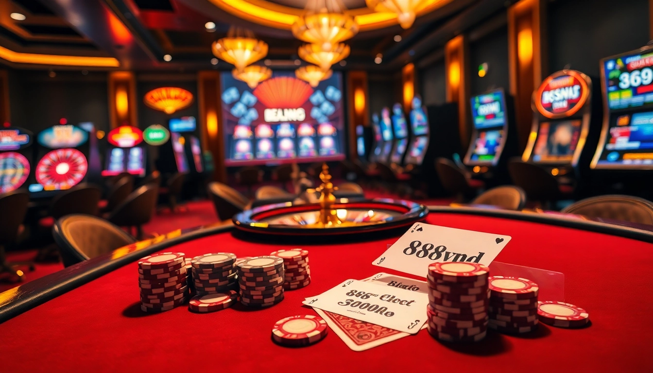 Engaging casino ambiance with 888vnd betting slip, poker table, and slot machines.