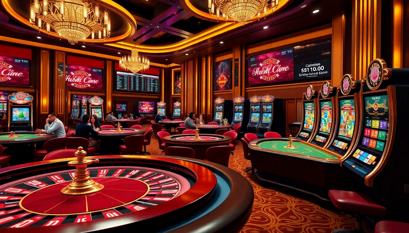 Engaging gambling scene at a nhà cái uy tín ở việt nam showcasing poker tables and vibrant slot machines.