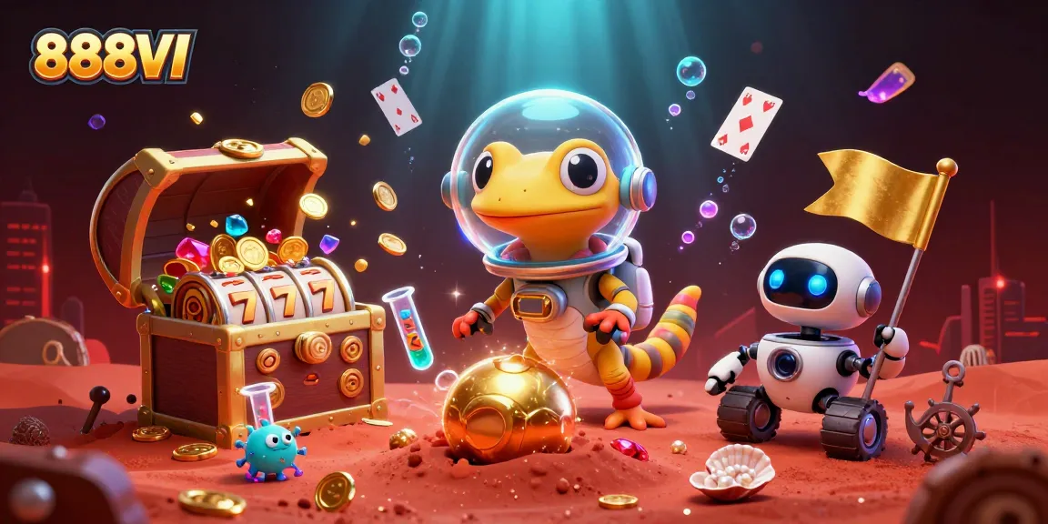 Experience the thrill of 888VI with a Martian gecko discovering a golden casino on Mars.