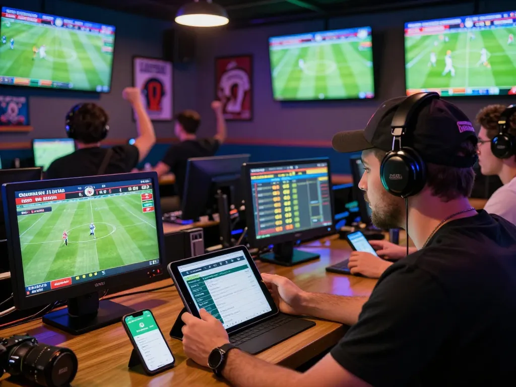 Passionate bettor at Nowgoal sports lounge analyzing live football scores and betting odds.