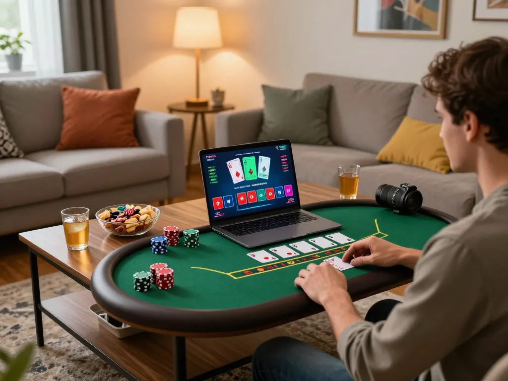 Excited player using laptop for blackjack on 58wiin online casino, enjoying a cozy home atmosphere.