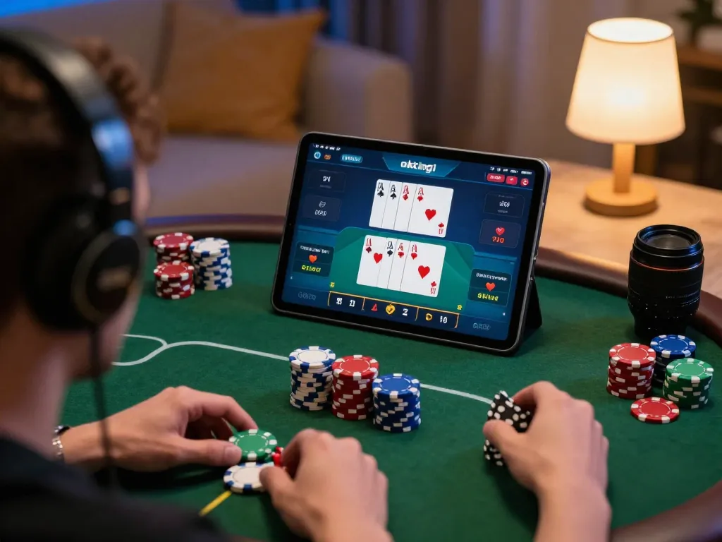 Player enjoying poker on okking1 with colorful chips in a cozy home setting