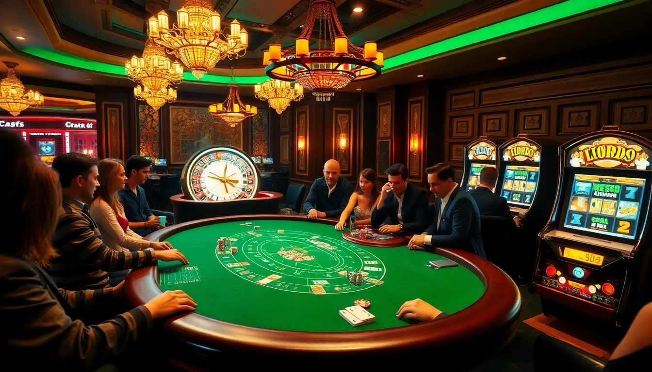 SODO casino scene with players at a high-stakes poker table and roulette wheel in a luxury environment.