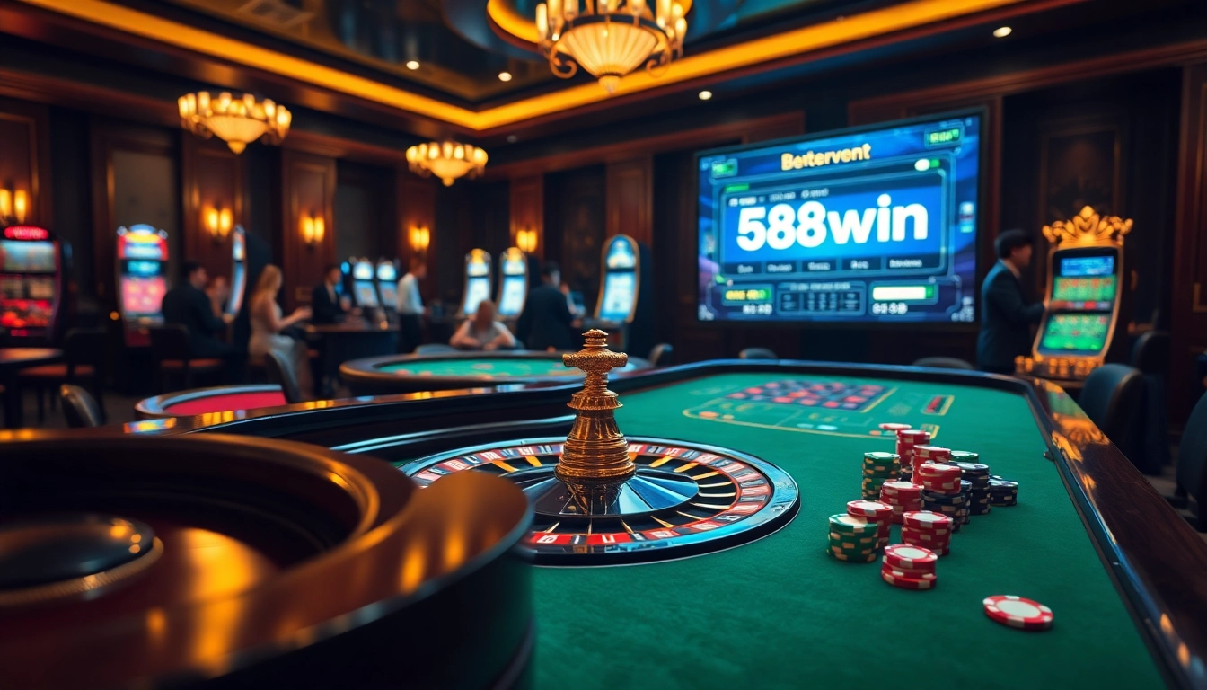 The thrilling atmosphere of 58win1 showcased in a vibrant casino scene with roulette and poker chips.