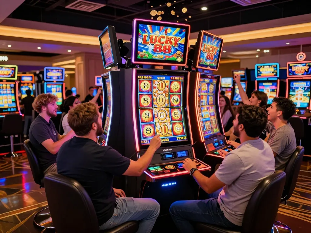 Engaged players celebrating a recent win on the Lucky 88 slot machine in a vibrant casino, capturing the excitement of gaming.