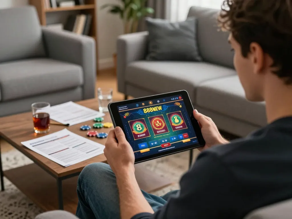 Player enjoying 888NEW online casino on tablet at home, showcasing strategic gameplay and cozy ambiance.